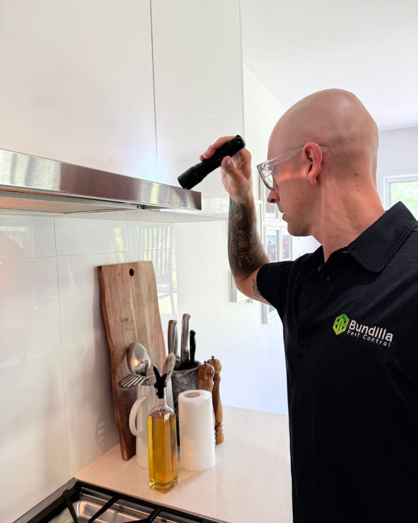 Pest control technician inspecting a kitchen range hood during a residential pest inspection
