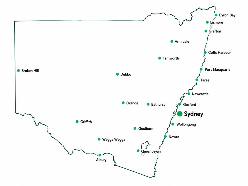 Map of New South Wales showing key locations including Sydney, Newcastle, Wollongong, Byron Bay, and regional centres