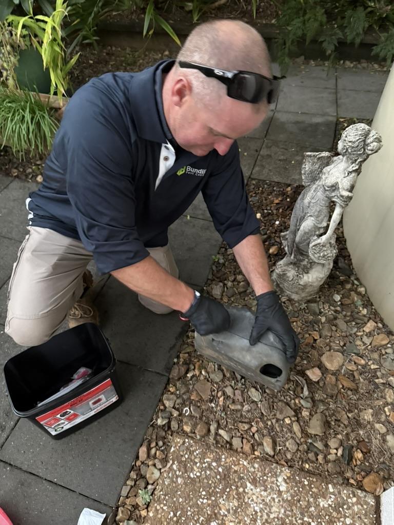 Pest control technician servicing a rodent bait station during practical training