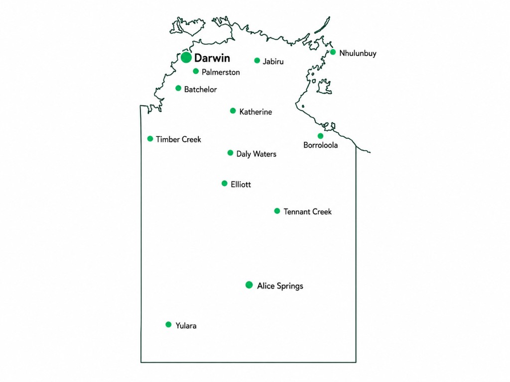 Map of the Northern Territory showing key locations including Darwin, Palmerston, Katherine, Tennant Creek, Alice Springs, Nhulunbuy, and regional centres