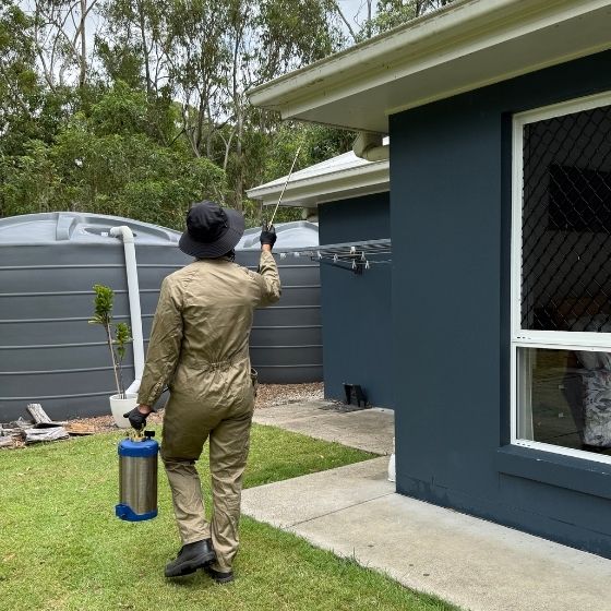Pest control technician in protective workwear applying exterior treatment to eaves with pressurised spray equipment
