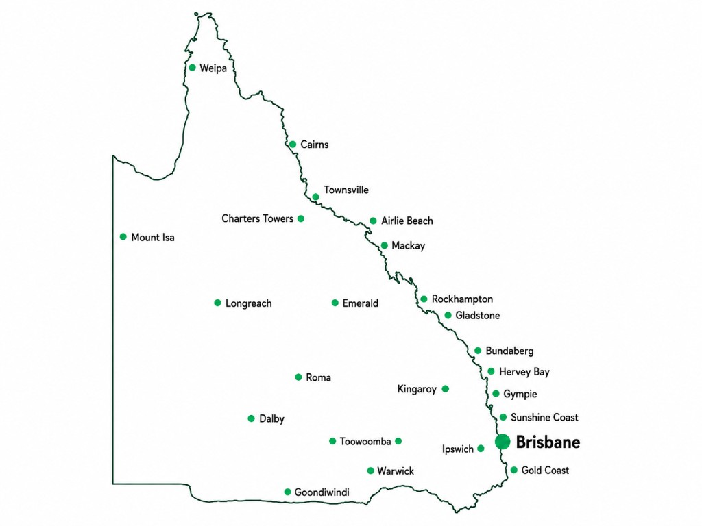 Map of Queensland showing key locations including Brisbane, Gold Coast, Sunshine Coast, Cairns, Townsville, Mackay, and regional centres