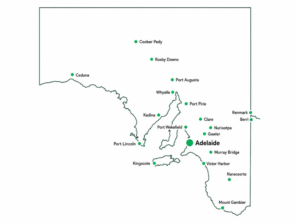 Map of South Australia showing key locations including Adelaide, Mount Gambier, Whyalla, Port Augusta, Port Lincoln, Murray Bridge, the Barossa, and regional centres