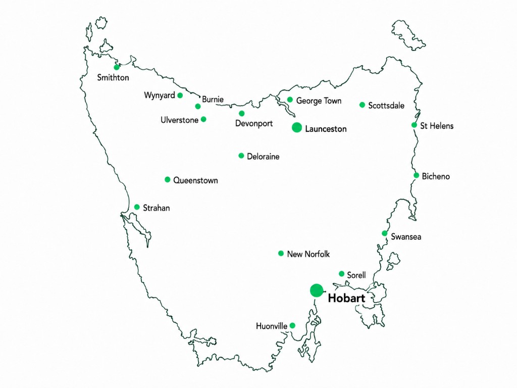 Map of Tasmania showing Hobart and regional centres including Burnie, Devonport, Ulverstone, George Town, Scottsdale and St Helens