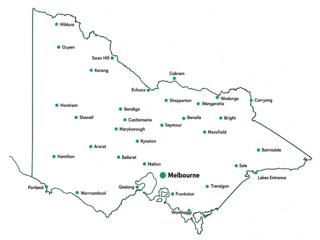 Map of Victoria showing key locations including Melbourne, Geelong, Ballarat, Bendigo, Shepparton, Mildura, Warrnambool, and regional centres